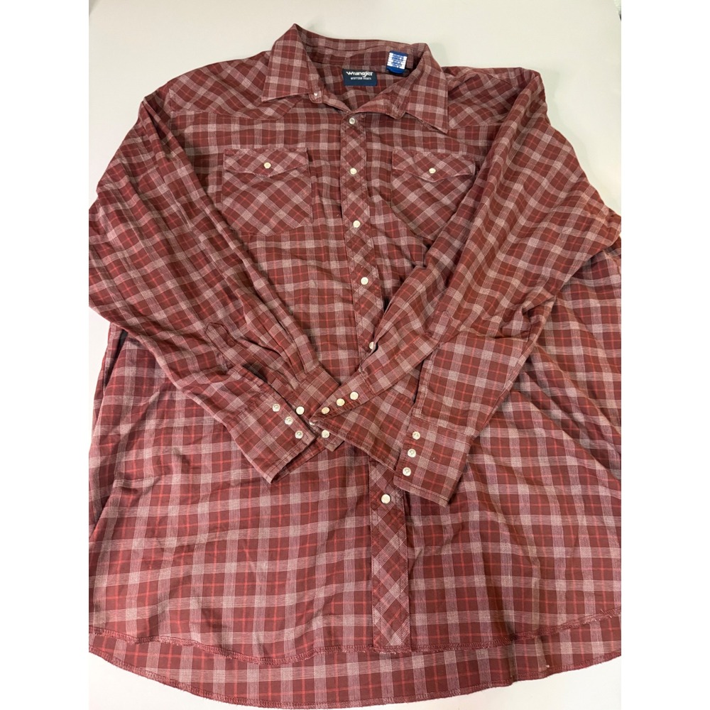 Wrangler Western Shirt Mens 20x37 Burgundy Plaid Pearl Snap Long Sleeve 71125CP